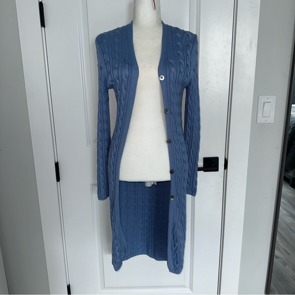 Brooks Brothers Light Blue Silk & Cashmere Long Cable Knit Cardigan S